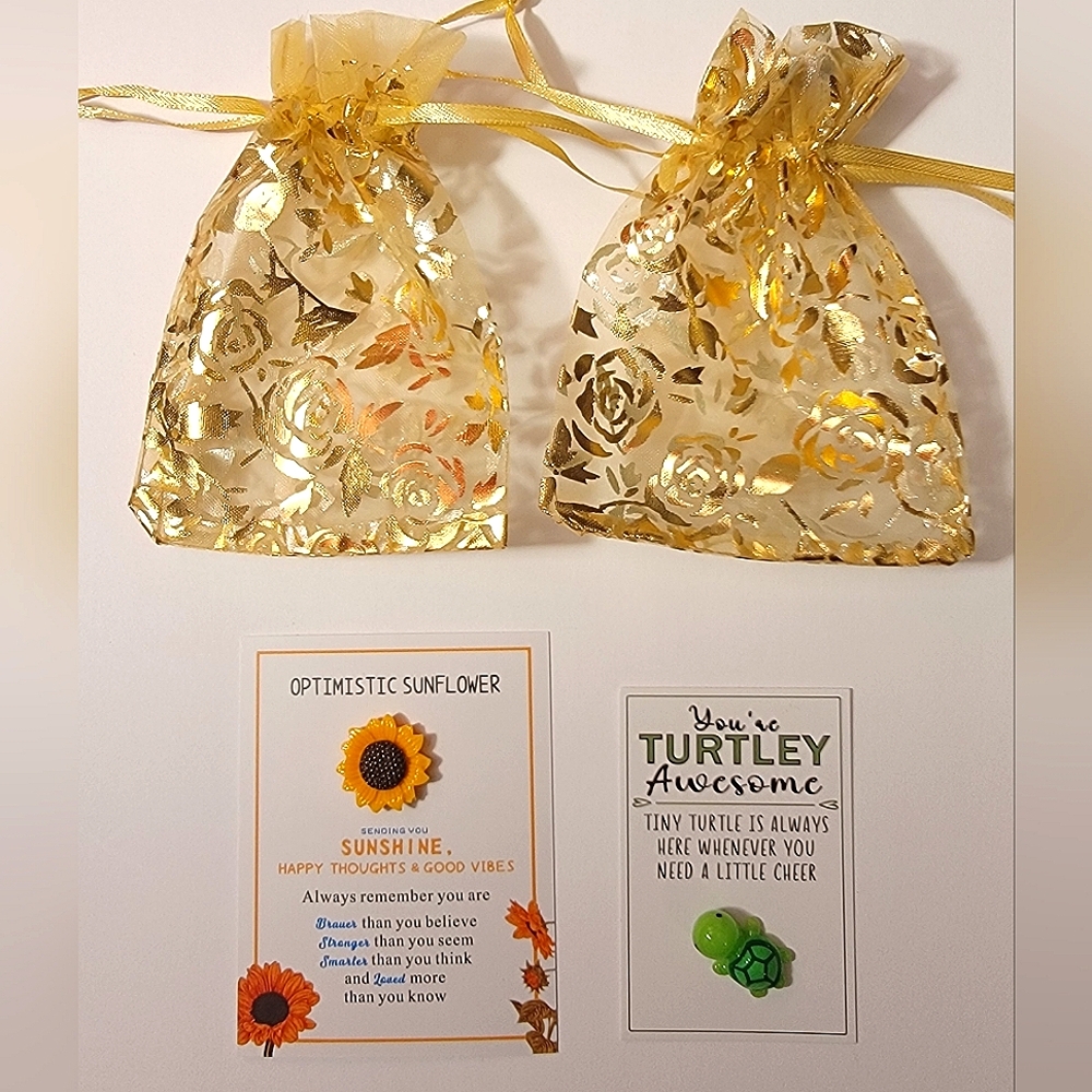 💚 New TURTLE & SUNFLOWER Figure Pocket Hugs + (2) New Organza Gift Pouches